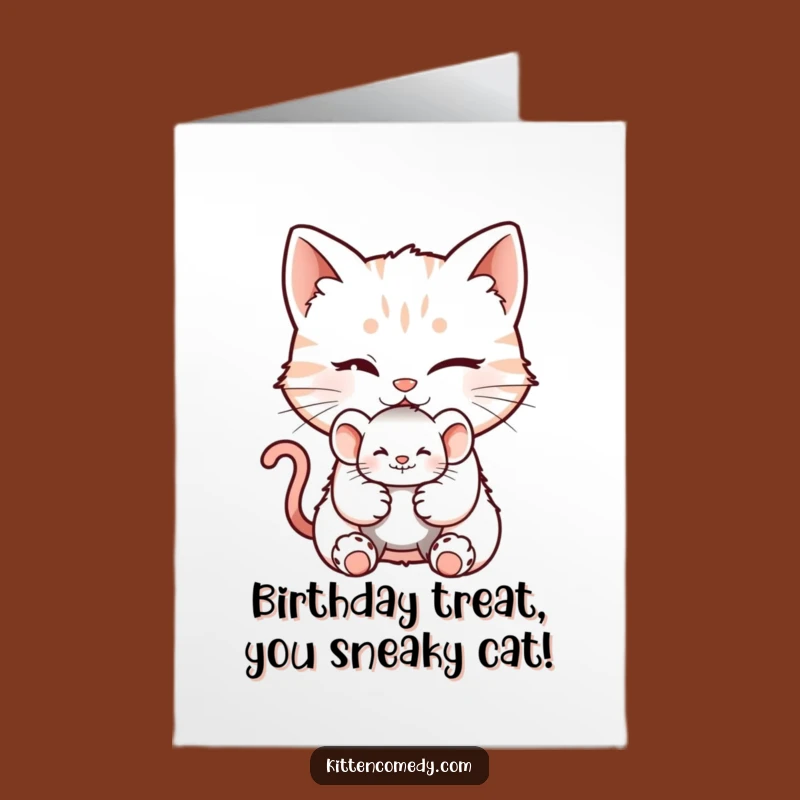 Free Printable Birthday Card: Winking Kitten Mouse Toy Funny Downloadable Gift