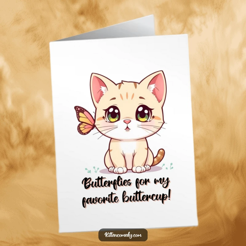 Funny Free Printable Birthday Card featuring a wide-eyed Kawaii kitten mesmerized by a fluttering butterfly, ready to add laughter.
