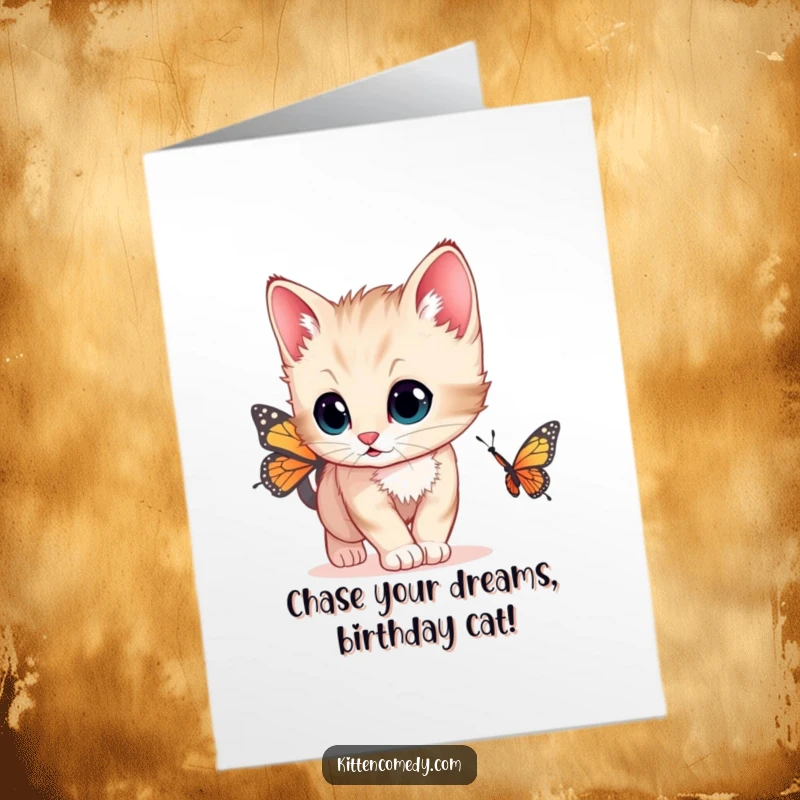 Funny Free Printable Birthday Card with a curious kitten with wide eyes chasing a colorful butterfly, perfect for a whimsical DIY greeting.