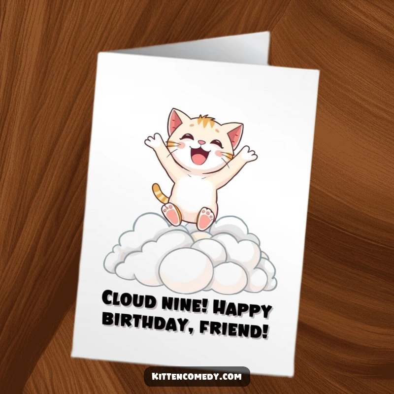 Funny Free Printable Birthday Card: Excited kitten joyfully leaping high into fluffy clouds, pure delight captured.