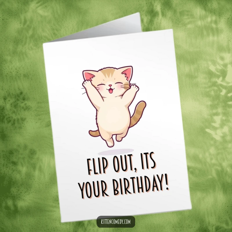 Funny Free Printable Birthday Card: Kawaii kitten performing a silly, energetic acrobatic flip with a joyful expression.