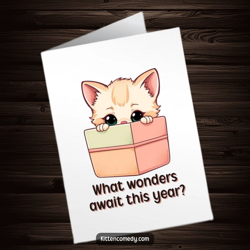 Funny free printable birthday card featuring a curious kitten peeking into a brightly colored gift box with wide eyes.