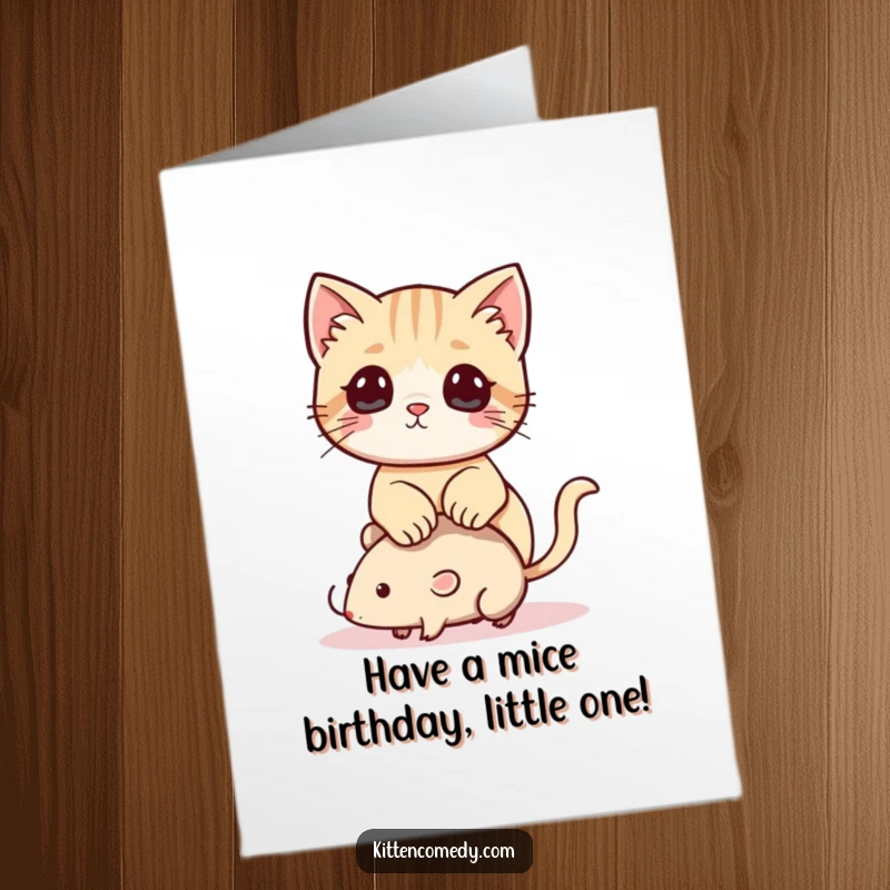 Funny Free Printable Birthday Card showing a mischievous Kawaii kitten perched on a toy mouse, ready for birthday laughs.