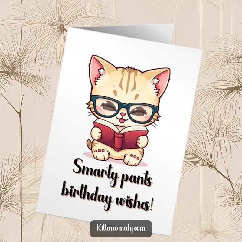 Funny Free Printable Birthday Card: Giggling kitten in oversized glasses engrossed in a tiny book, pure studiousness.