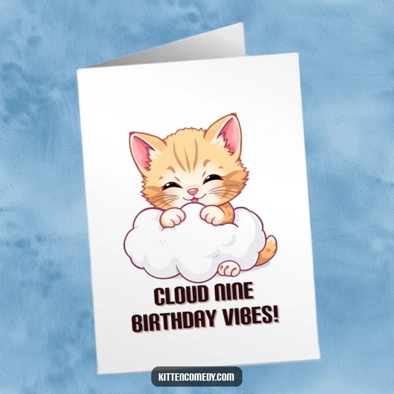 Funny Free Printable Birthday Card featuring a gleeful kitten playfully tumbling with a fluffy cloud, a perfect humorous DIY present.