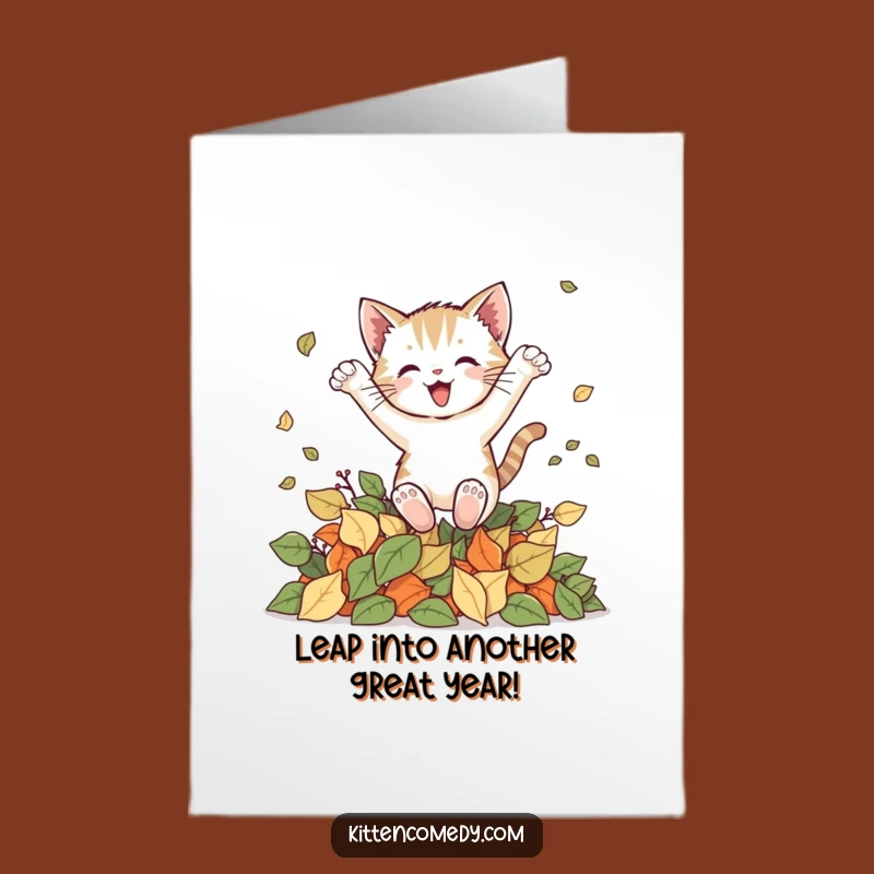 Free Printable Birthday Card: Joyful Kitten Leaves - Funny Autumn Downloadable Gift