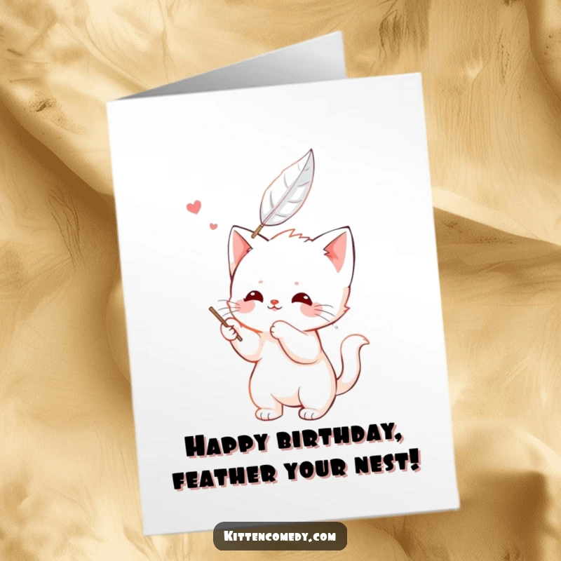 Funny Free Printable Birthday Card: Kawaii kitten character happily batting at a floating feather, embodying the simple joys of a birthday celebration.