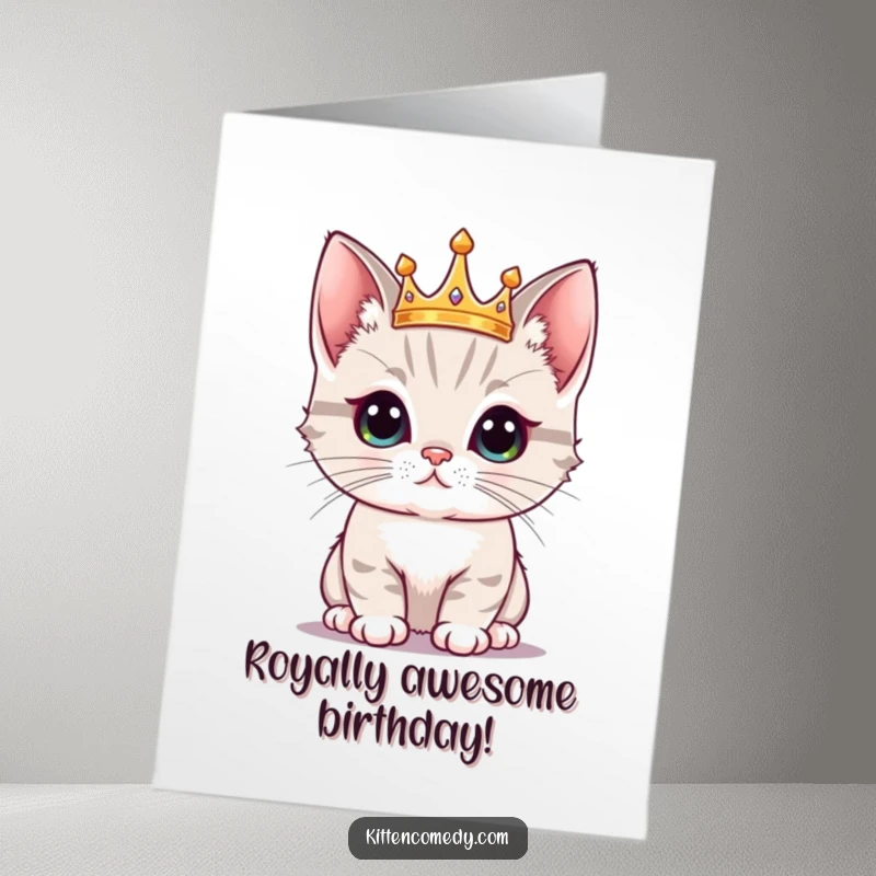 Funny Free Printable Birthday Card: A proud kawaii kitten wearing a tiny crown, regal and ready to celebrate, downloadable.
