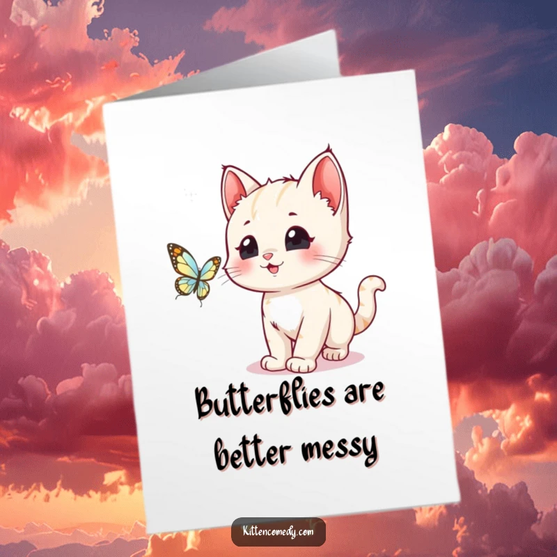 Funny Free Printable Birthday Card: Kawaii kitten with wide eyes playfully chasing a sparkly butterfly, ready for a birthday surprise.