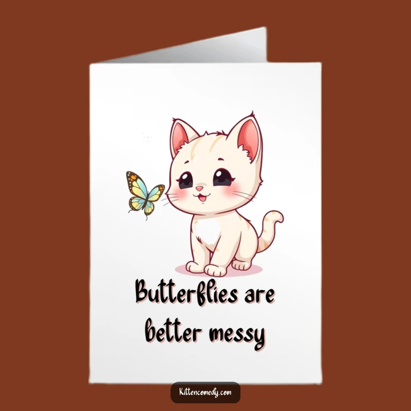 Free Printable Kawaii Kitten Birthday Card: Funny Kitten Chasing Butterfly Gift