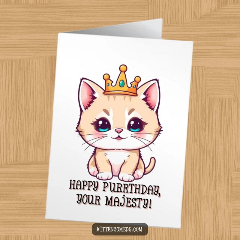 Funny Free Printable Birthday Card: Regal kawaii kitten wearing a tiny crown, looking pleased and ready to celebrate.