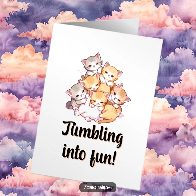 Funny Free Printable Birthday Card: A group of kittens playfully tumbling over each other in a delightful mess, downloadable.