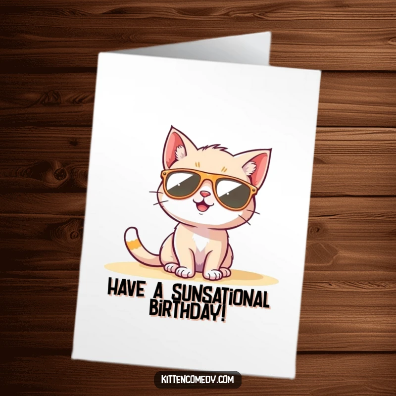 Funny Free Printable Birthday Card: A kitten in sunglasses happily sunbathing, exuding ultimate cool vibes, downloadable.