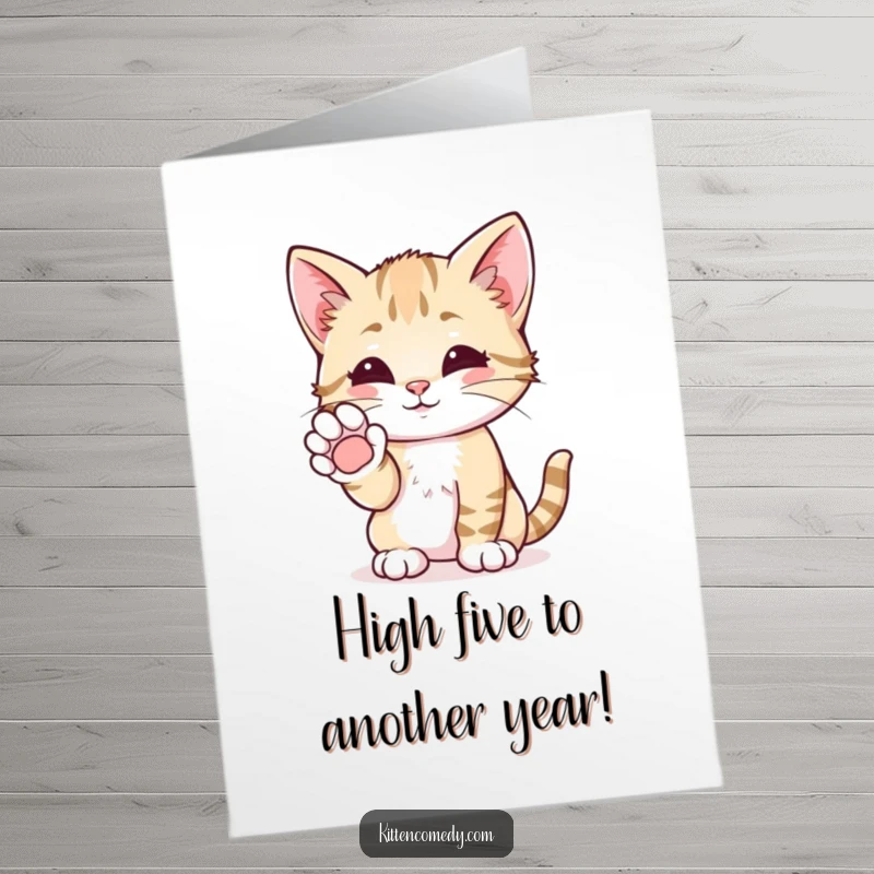 Funny Free Printable Birthday Card: A friendly kitten offers a tiny, gentle paw high-five with a sweet, purring expression.