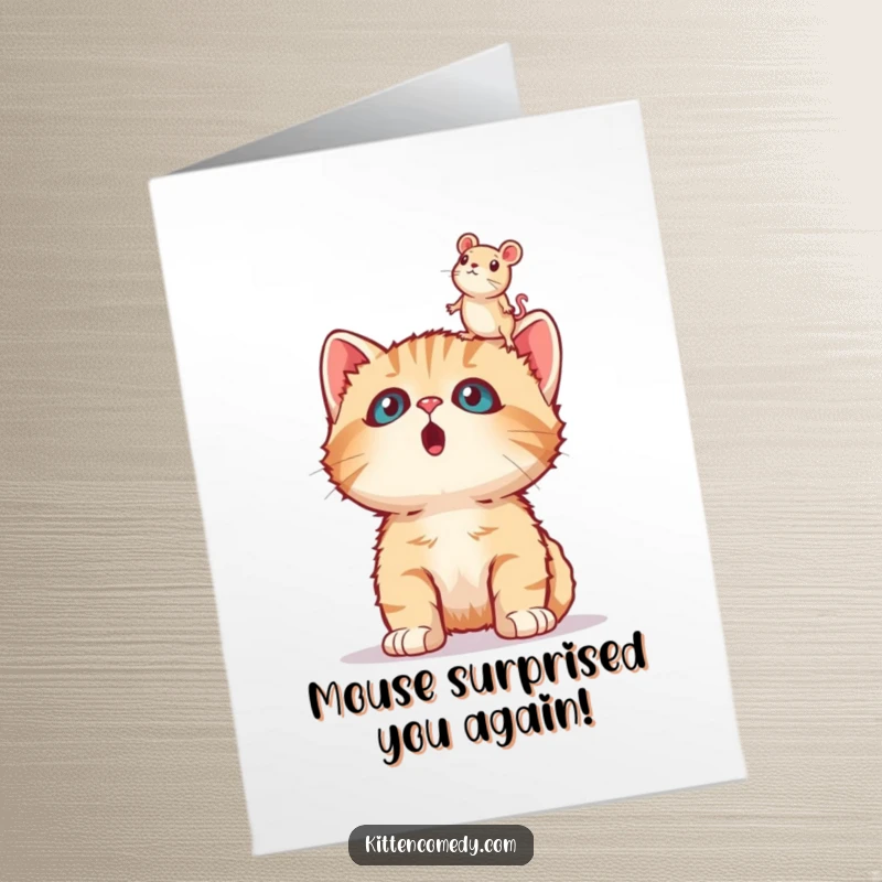 Funny Free Printable Birthday Card showing a wide-eyed kitten shocked by a hovering toy mouse, making a perfect DIY humorous gift.