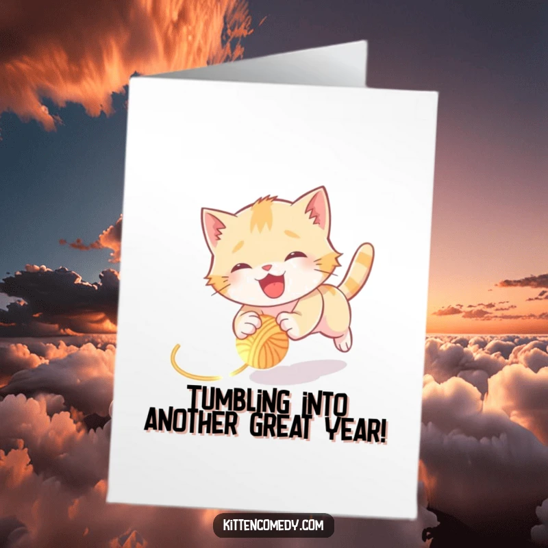 Funny Free Printable Birthday Card: A joyful kitten tumbles while chasing a tiny, glowing ball of yarn.