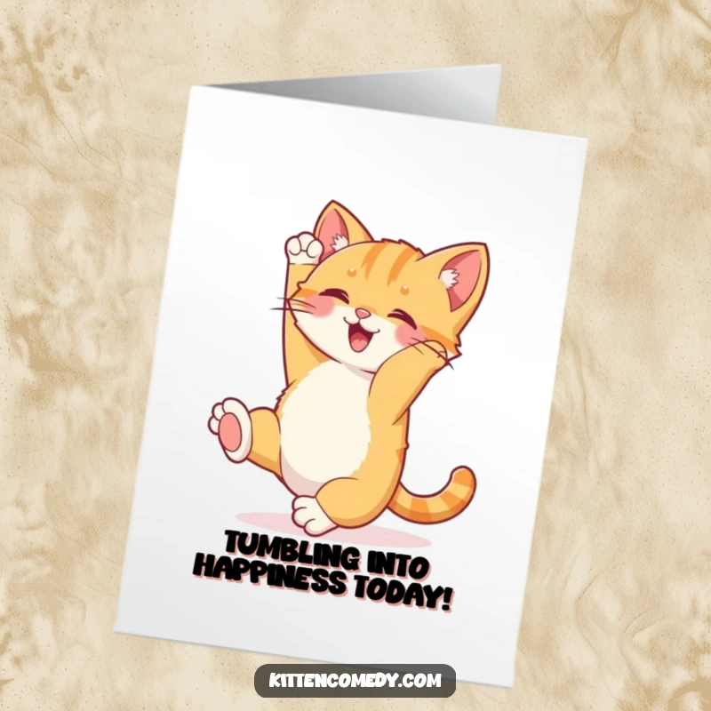 Funny free printable birthday card depicting a joyful kitten doing a lively somersault with its tail held high.