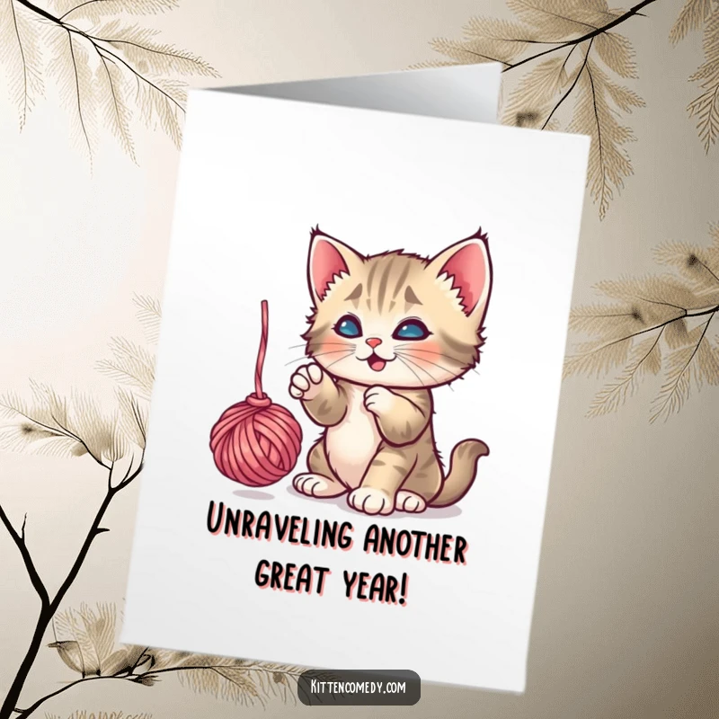 Funny Free Printable Birthday Card: A playful kitten batting enthusiastically at a dangling ball of yarn, a downloadable delight.