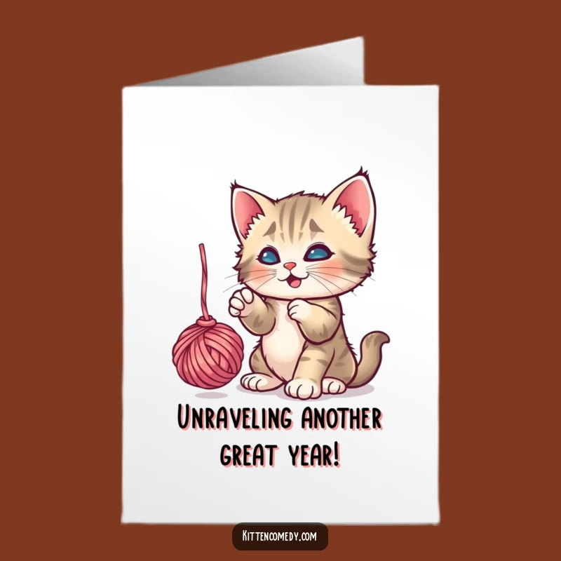 Free Printable Kitten Yarn Card: Playful Cat Funny Birthday Gift Downloadable