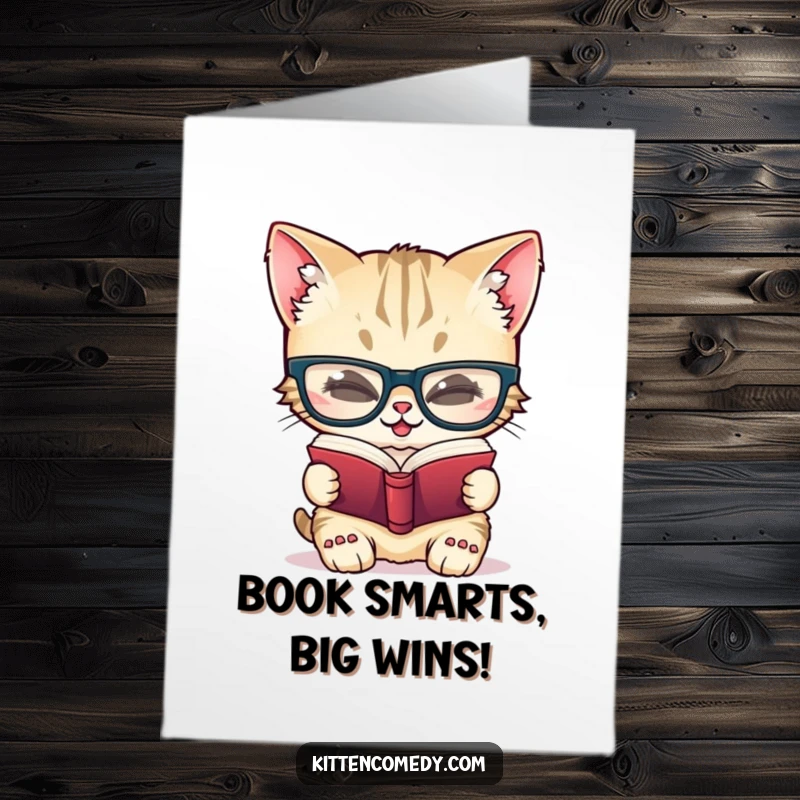 Funny Free Printable Congrats Card: Giggling kitten wearing glasses, reading a small book, celebrating wisdom.