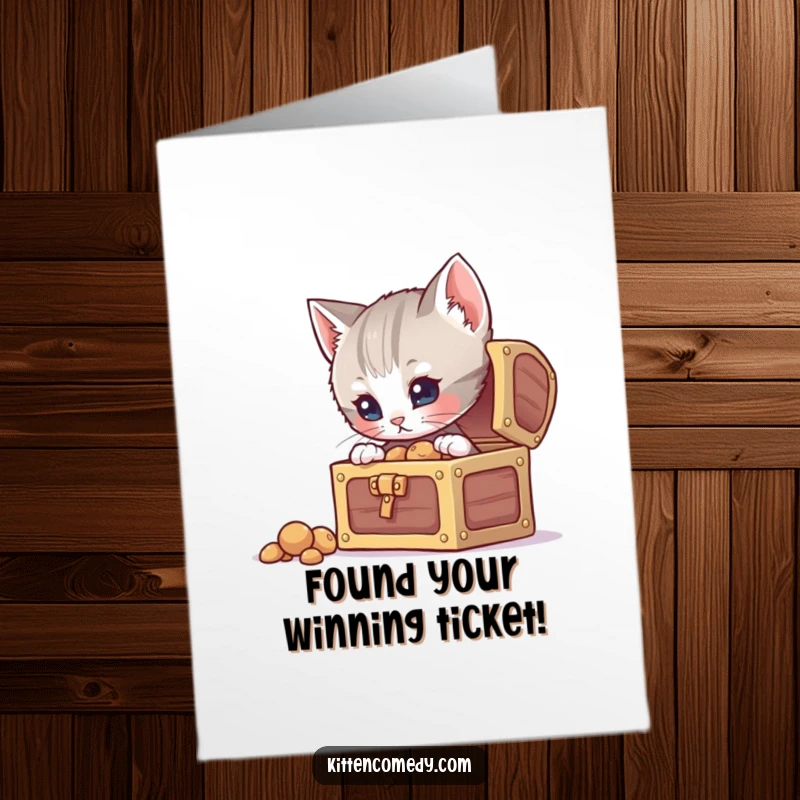 Free Printable Congratulations Card featuring a curious kitten investigating a small, open treasure chest, ideal for a humorous downloadable.