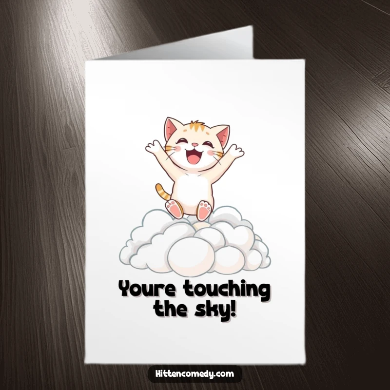 Funny Free Printable Congrats Card: Excited kitten leaping into clouds, celebrating success with sheer happiness.