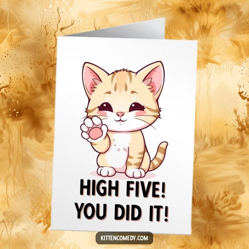 Funny Free Printable Congrats Card: A kitten gives a cheerful paw high-five, celebrating your wonderful accomplishment with a soft purr.