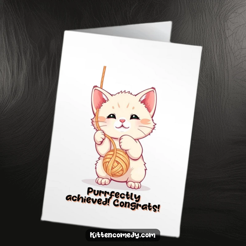 Funny Free Printable Congrats Card: Kawaii kitten joyfully playing with yarn, celebrating success with humor.