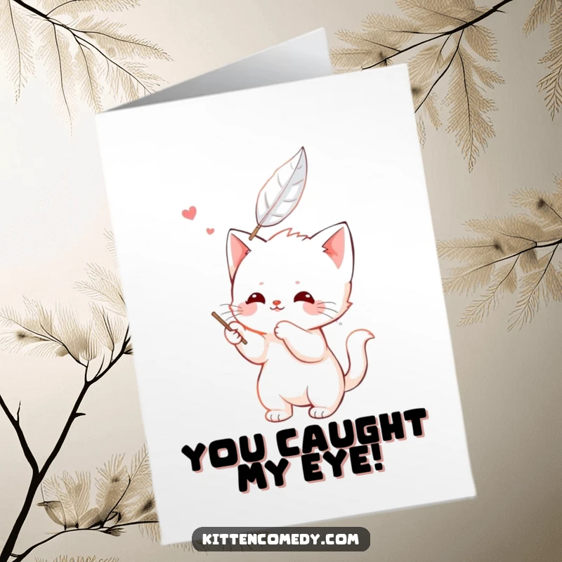 Funny Free Printable Congratulations Card: Kawaii kitten character happily batting at a floating feather, celebrating achievements with gentle feline playfulness.