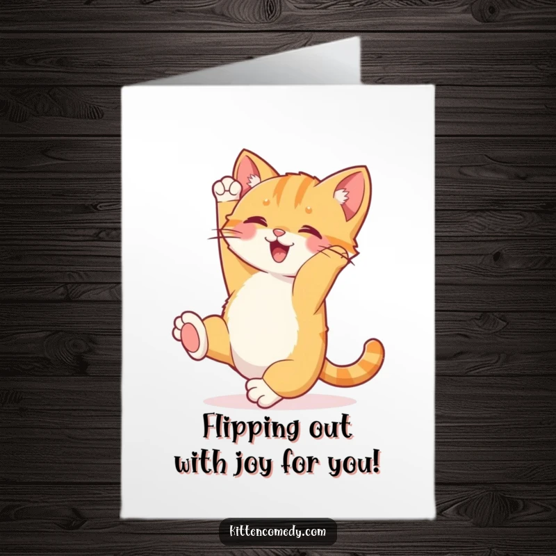 Funny free printable congratulations card showing a happy kitten performing a playful somersault with its tail up.