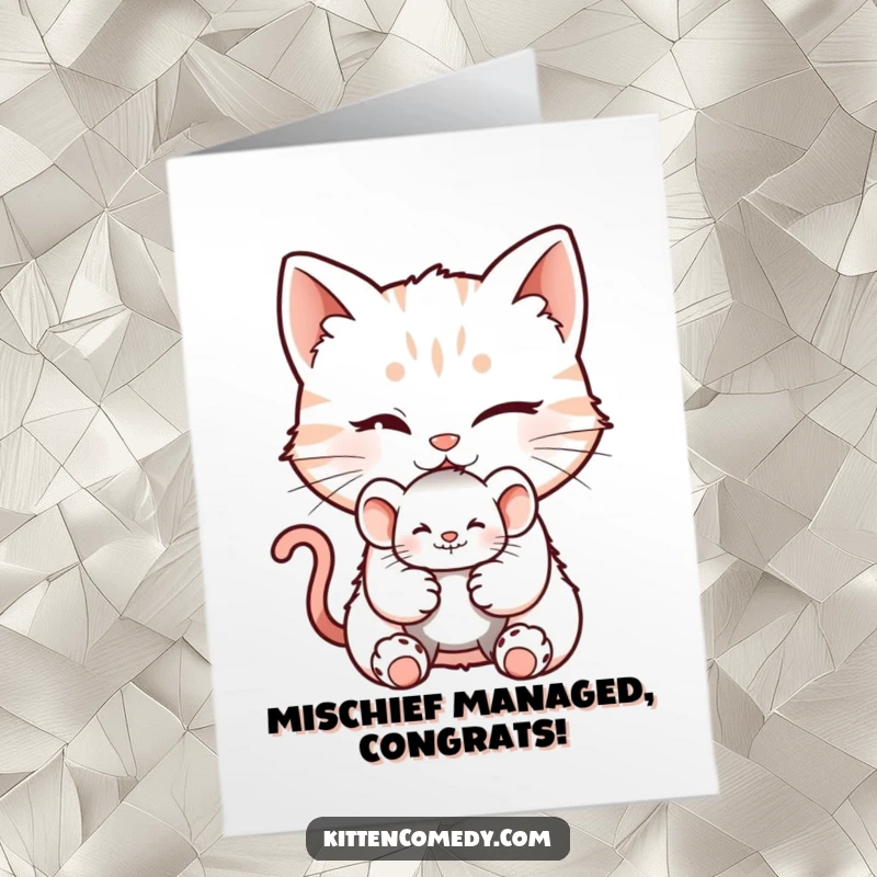 Funny Free Printable Congrats Card: Winking kitten presents a mouse toy with a sly, mischievous grin.