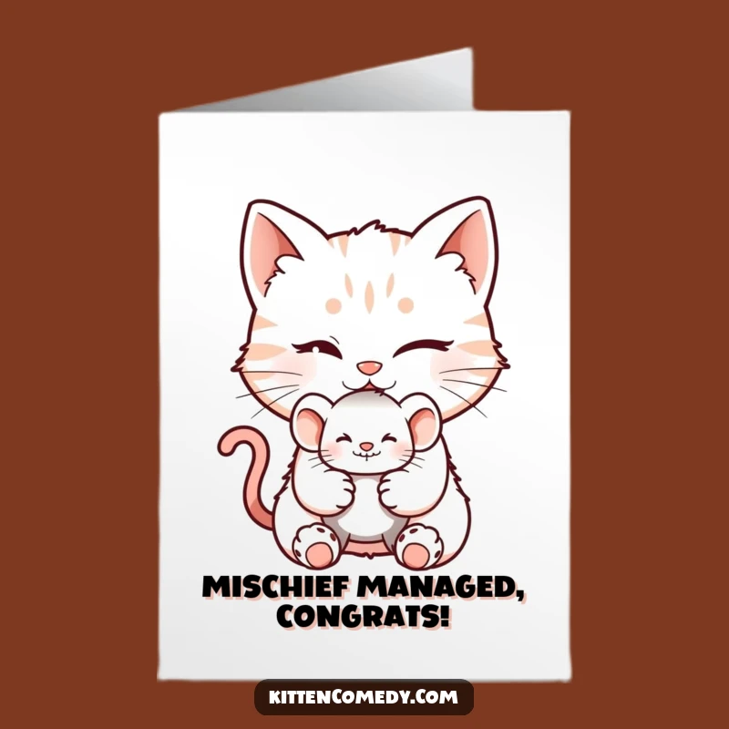 Free Printable Congrats Card: Winking Kitten Mouse Toy Funny Downloadable Gift