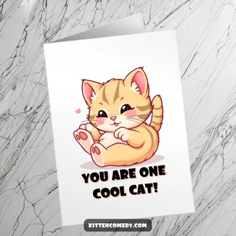 Funny Free Printable Congratulations Card: Kawaii kitten rolling around joyfully.
