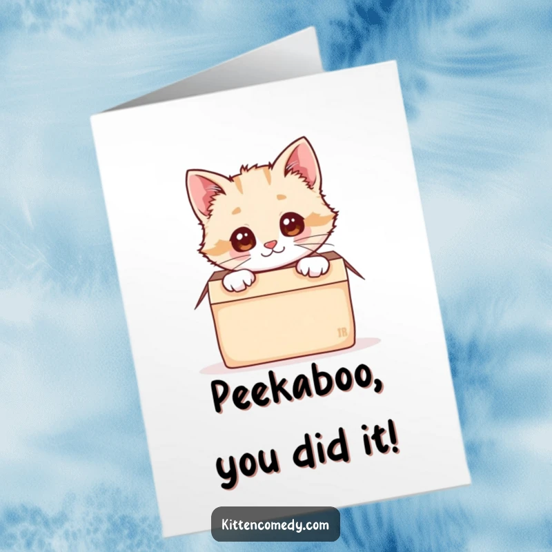 Funny Free Printable Congratulations Card: A kawaii kitten peeking out from a box, offering a cute and cheerful congratulatory message.
