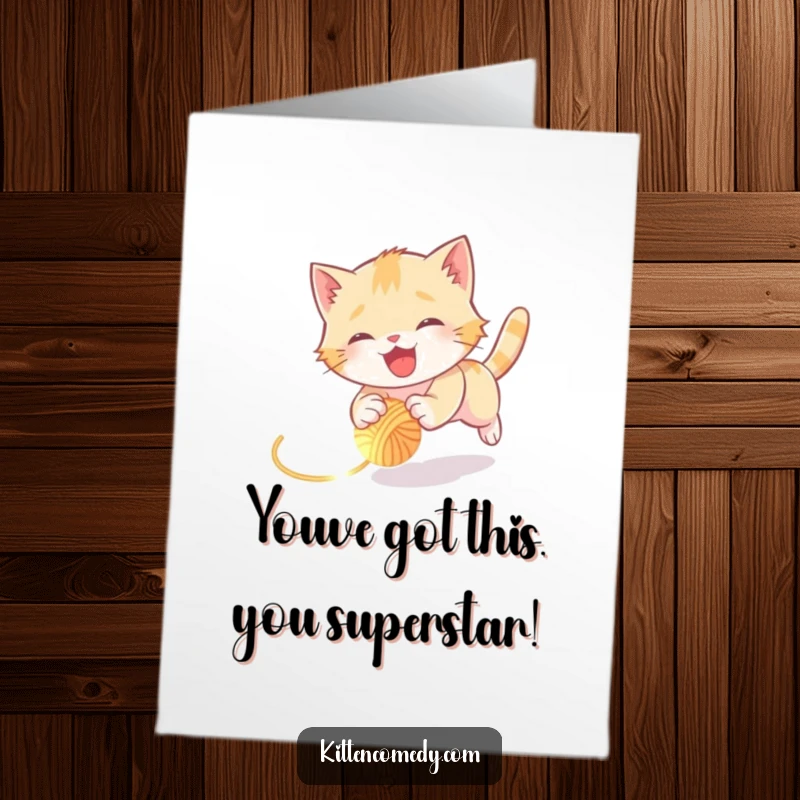 Funny Free Printable Congratulations Card: A kitten joyfully tumbles after a glowing ball of yarn.