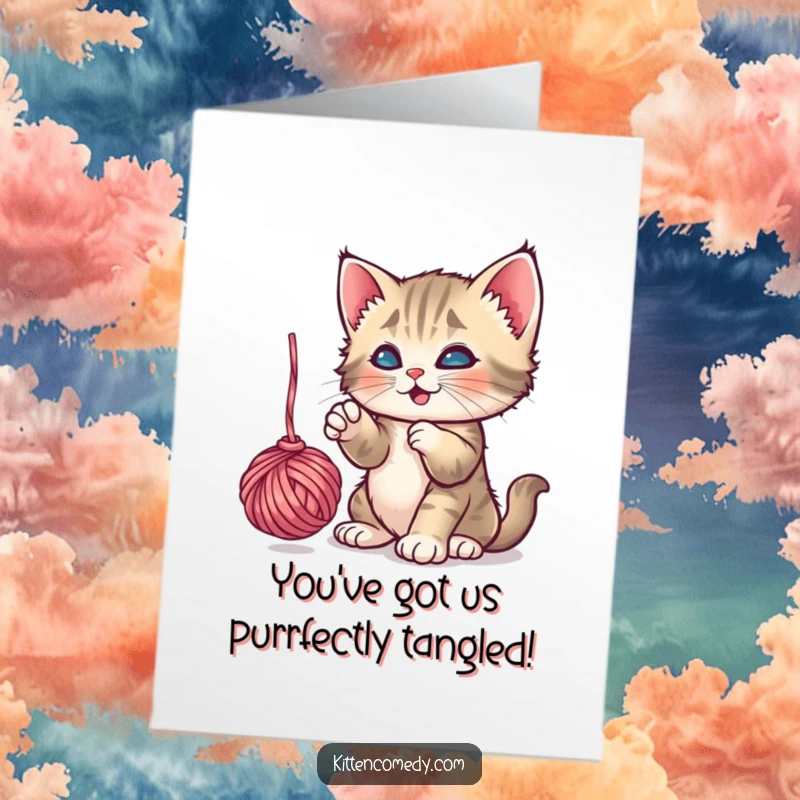 Funny Free Printable Congratulations Card: A cute kitten tangled in yarn, playfully batting at a ball, a downloadable surprise.