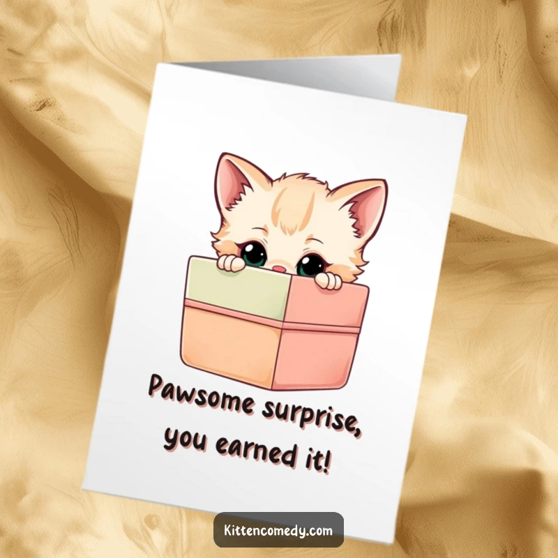 Funny free printable congratulations card showing a kitten's curious face peering into a vibrant, unopened gift box.