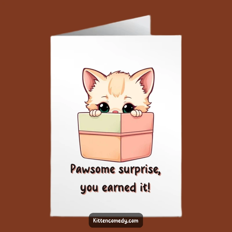 Free Printable Congrats Card: Kitten Peeking Gift Box Funny Downloadable for Joyful News