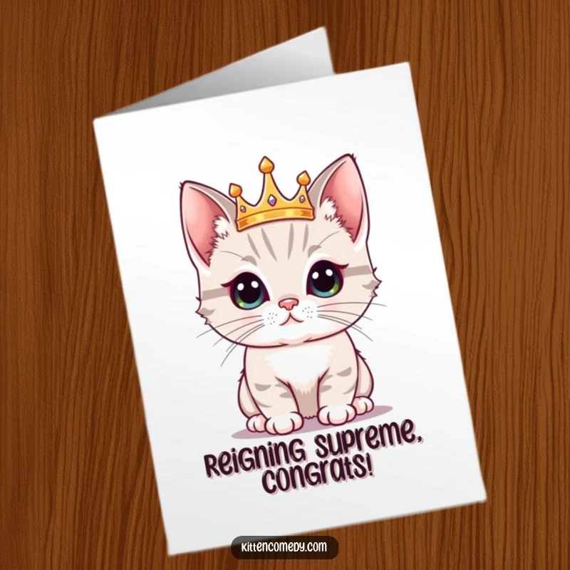 Funny Free Printable Congratulations Card: A proud kawaii kitten sporting a small crown, radiating regal accomplishment, downloadable.
