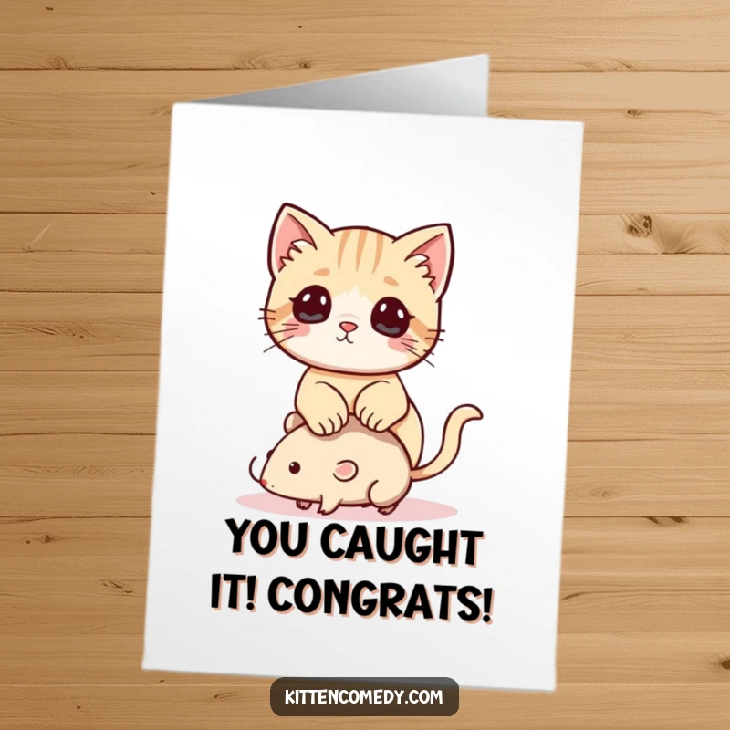 Funny Free Printable Congratulations Card: A cheeky Kawaii kitten playfully perches on a toy mouse, celebrating success.