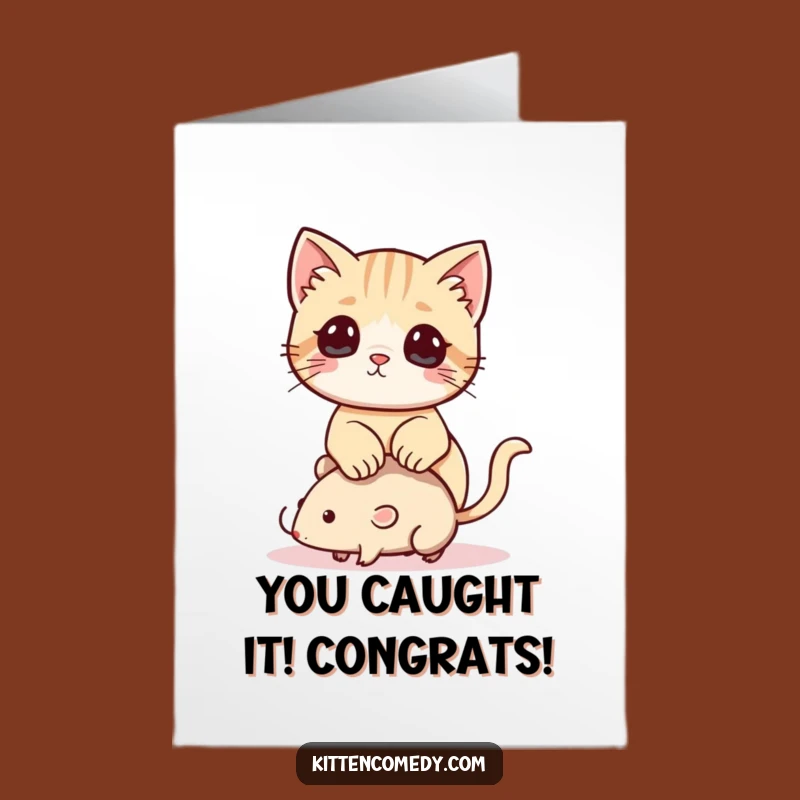 Free Printable Congrats Card: Playful Kawaii Kitten & Mouse, Downloadable Celebration
