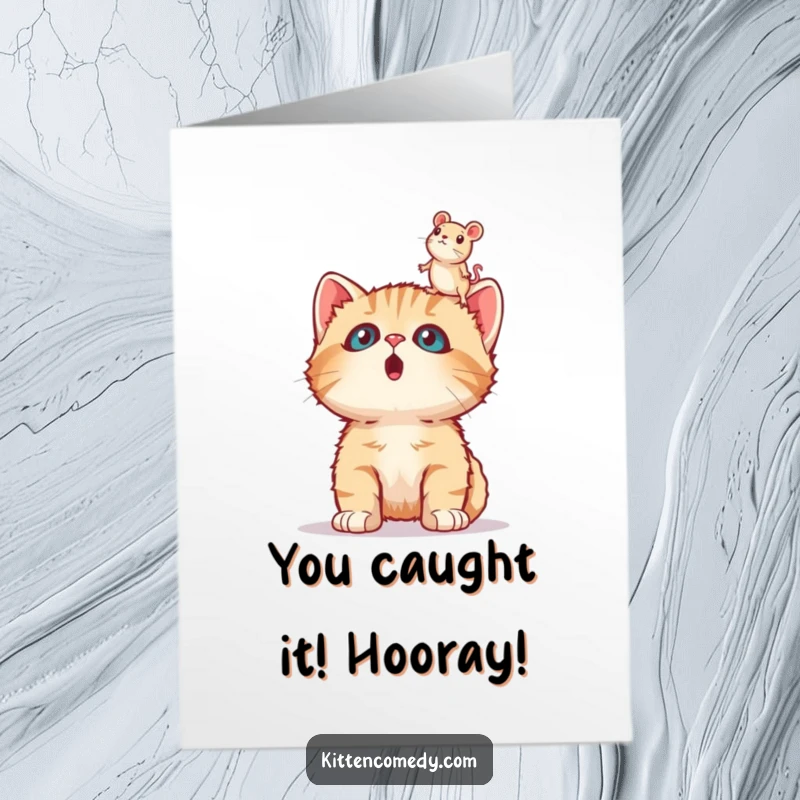 Free Printable Congratulations Card featuring a startled kitten gazing up at a floating toy mouse, ideal for a humorous DIY present.