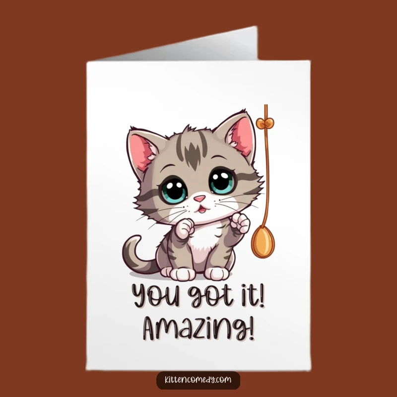Free Printable Congrats Card: Kitten String Batting Wonder Downloadable