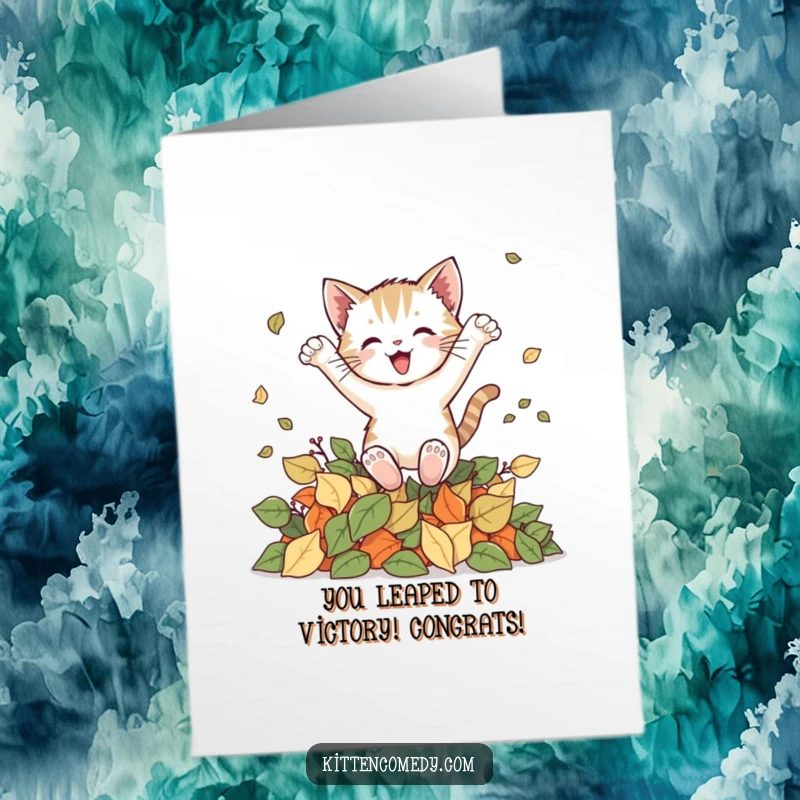 Funny Free Printable Congratulations Card: A kitten joyfully leaping into a pile of leaves, celebrating a great achievement.