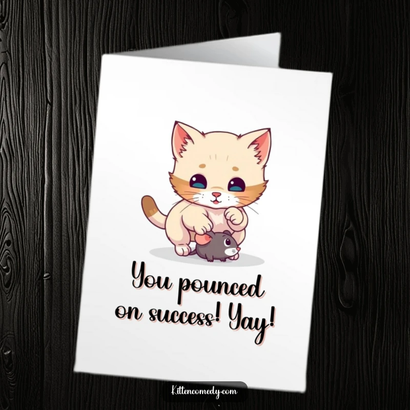 Funny Free Printable Congratulations Card: A playful kitten surprising a toy mouse with a pounce, celebrating success.