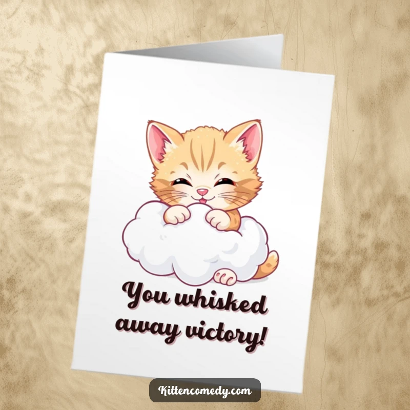 Free Printable Congratulations Card showing a delighted kitten engaging in a fun romp with a soft cloud, great for a funny downloadable.