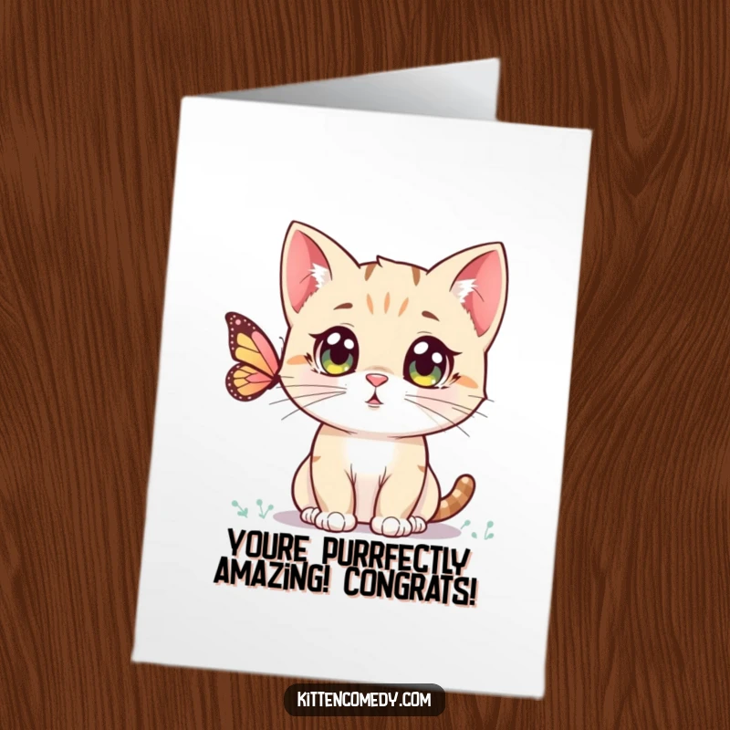 Funny Free Printable Congratulations Card: A curious Kawaii kitten gazes at a butterfly, celebrating success with playful charm.