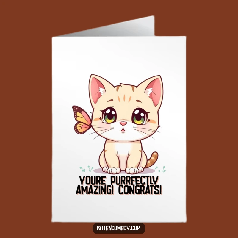 Free Printable Congrats Card: Whimsical Kawaii Kitten Butterfly Joy, Downloadable Celebration