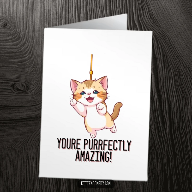 Funny Free Printable Congratulations Card: Energetic kitten pounces on a string, celebrating your big achievement!