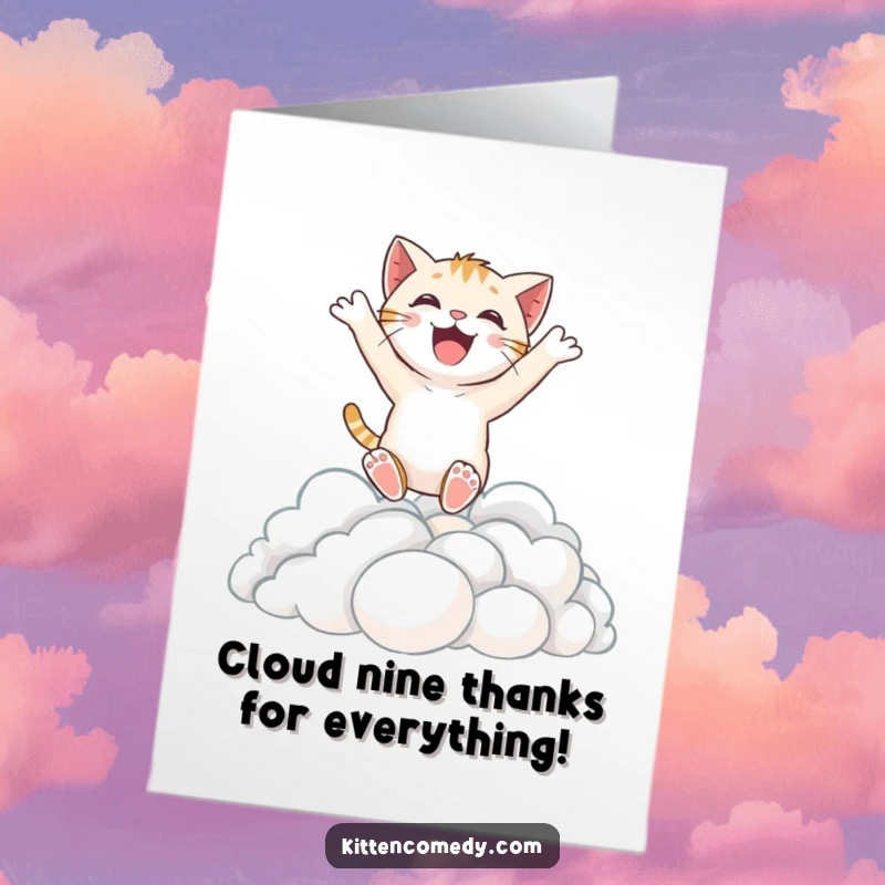 Funny Free Printable Thank You Card: Excited kitten leaping through clouds, expressing joyous gratitude.